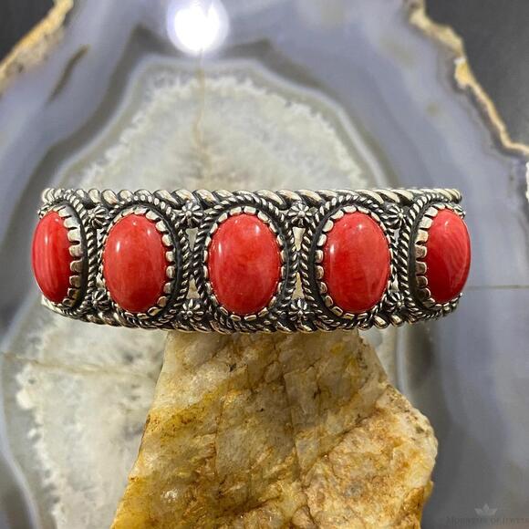 Carolyn Pollack Vintage Southwestern Style Sterling Silver Coral Row Bracelet - Picture 4 of 10